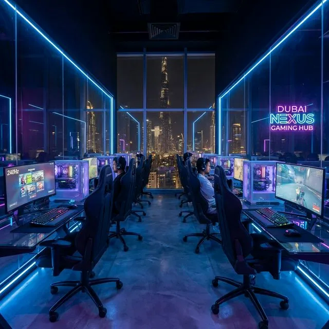 Premium Gaming Cafe Dubai - High-end E-sports lounge with modern PC setups and ambient neon lighting
