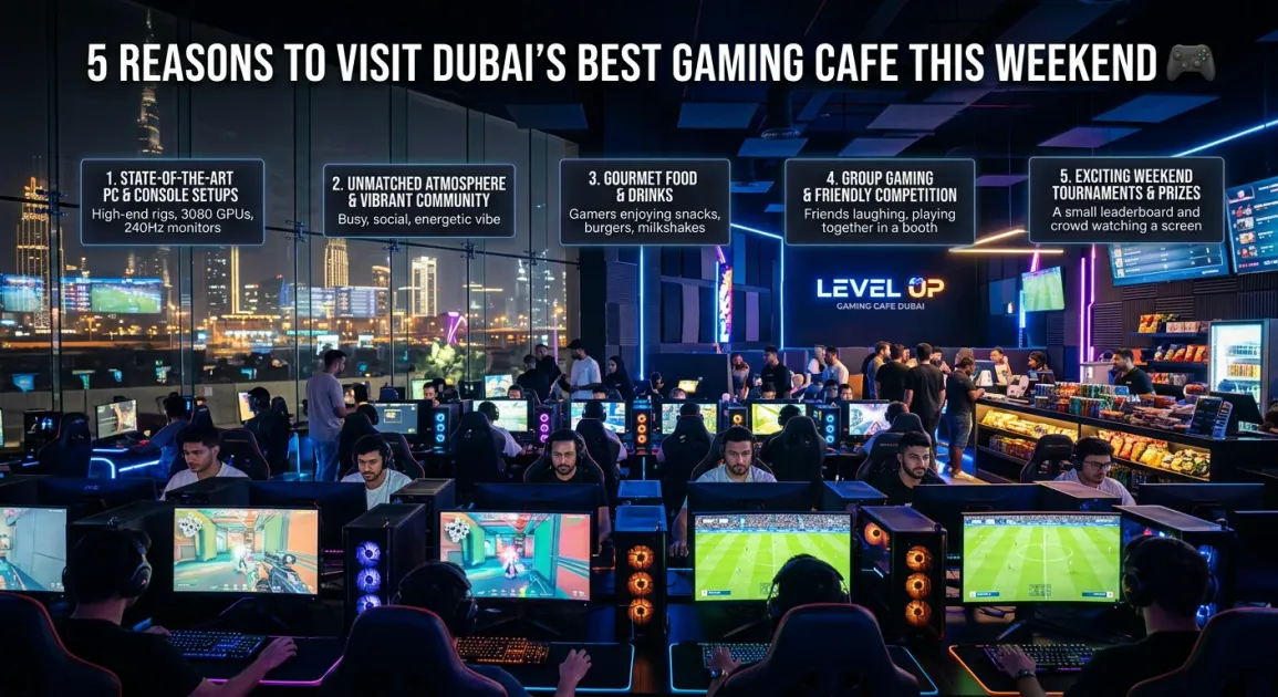 5 Reasons to Visit Dubai’s Best Gaming Cafe This Weekend 🎮 1 Level up your weekend at a premium gaming cafe in Dubai. Enjoy high end PS5 setups and a pro esports atmosphere today. 5 Reasons to Visit Dubai’s Best Gaming Cafe This Weekend 🎮 illustration