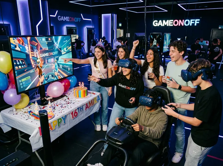 A group of diverse teenagers celebrating a birthday at Gameonoff in Dubai, with some wearing VR headsets and holding controllers while others cheer around a gaming monitor in a modern, neon-lit virtual reality center.