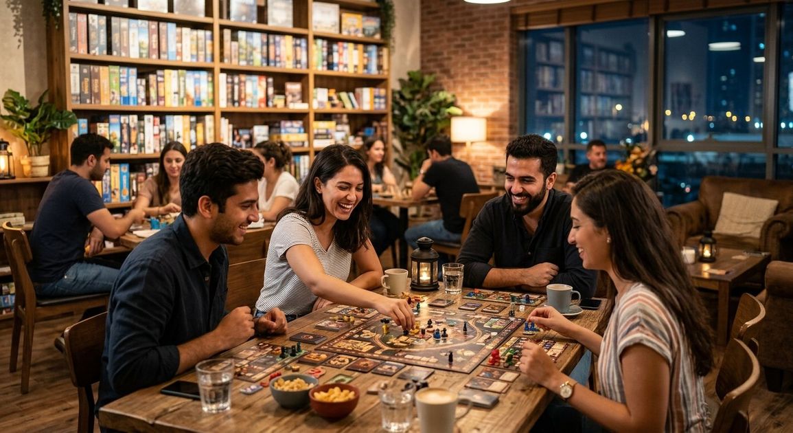 A high quality, photorealistic photograph for a business profile: Best Board Game Cafe Dubai: Play