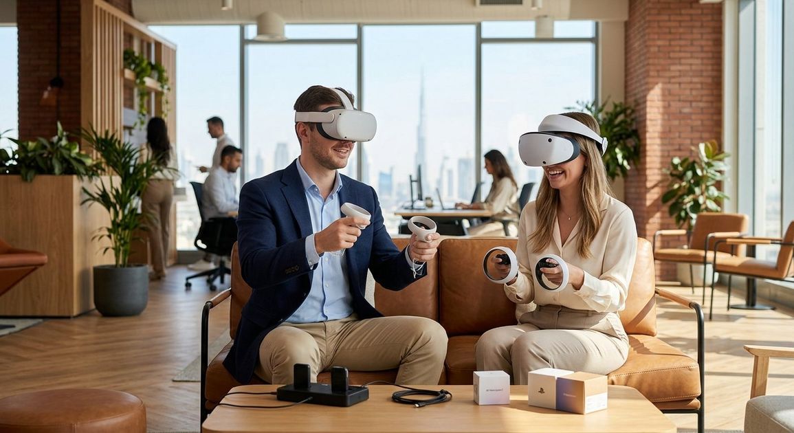 A high quality, photorealistic photograph for a business profile: Best VR Headset Rental Dubai: Meta