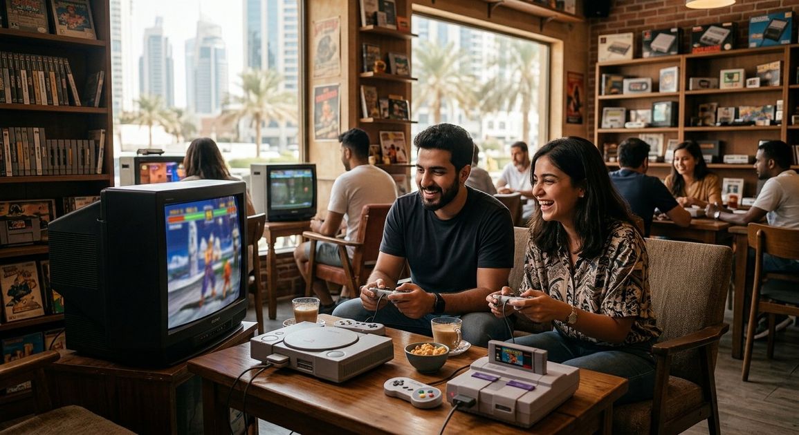 A high quality, photorealistic photograph for a business profile: Play PS1 & SNES in Dubai: