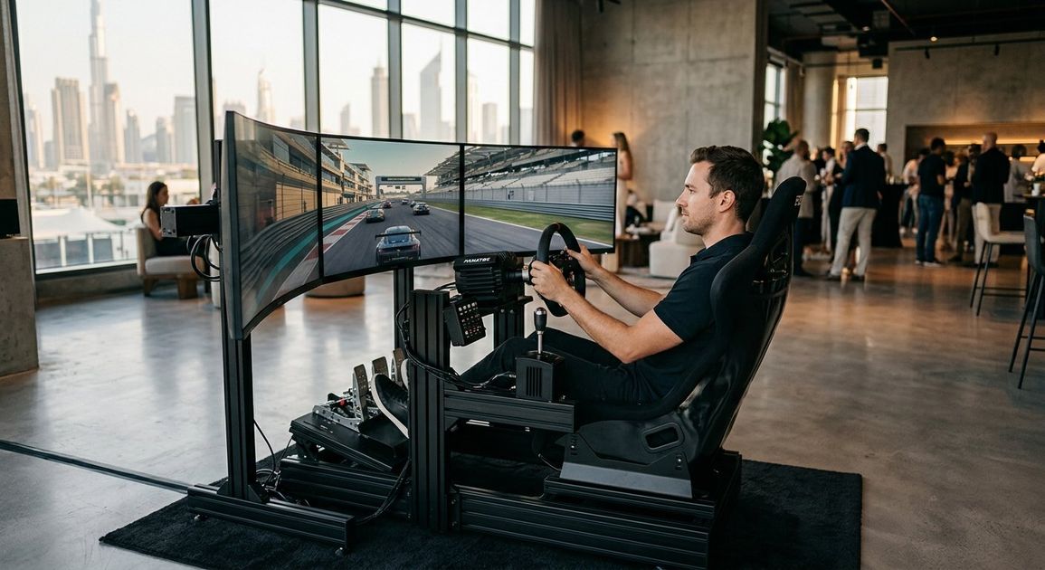 A high quality, photorealistic photograph for a business profile: Racing Simulator Rental Dubai: Hire a