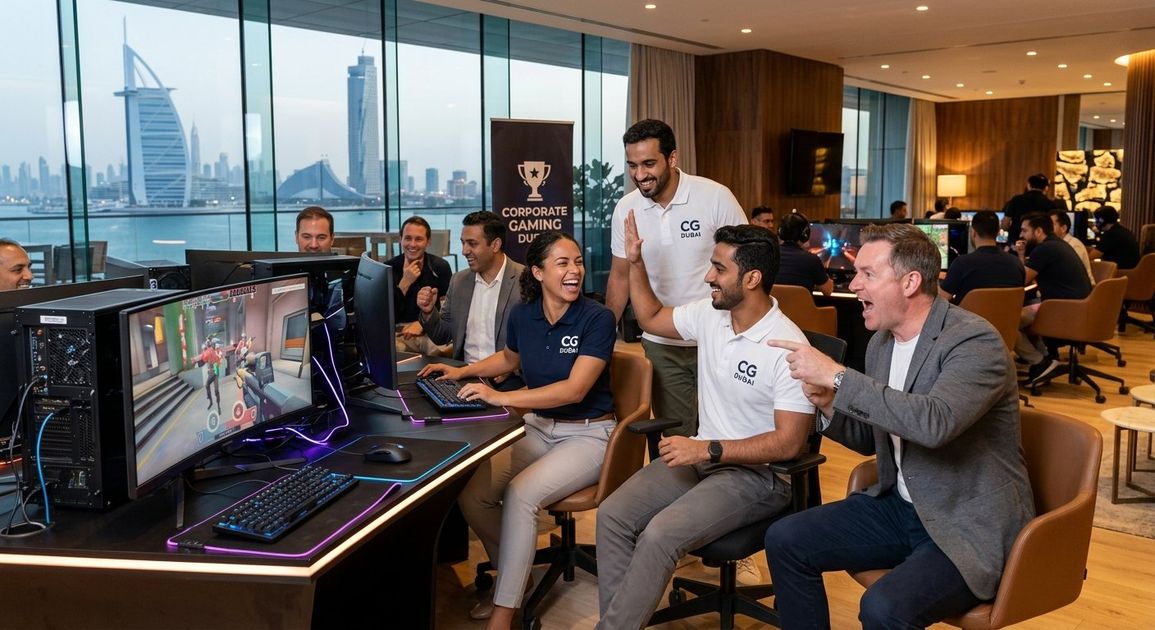 A high quality, photorealistic photograph for a business profile: Corporate Gaming Dubai: The Ultimate Team