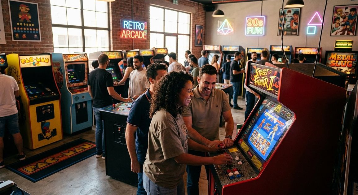 A high quality, photorealistic photograph for a business profile: Retro Gaming Dubai: 90s Nostalgia &