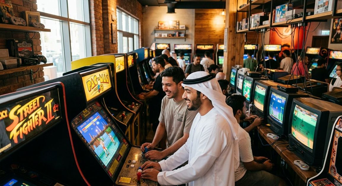 Retro Gaming Dubai: 90s Nostalgia & Fun 🎮 1 Relive the 90s! Experience the best retro gaming Dubai offers at Game On Off. Play classic consoles like PS1 and Sega Mega Drive today. A high quality, photorealistic photograph for a business profile: Retro Gaming Dubai: 90s Nostalgia &