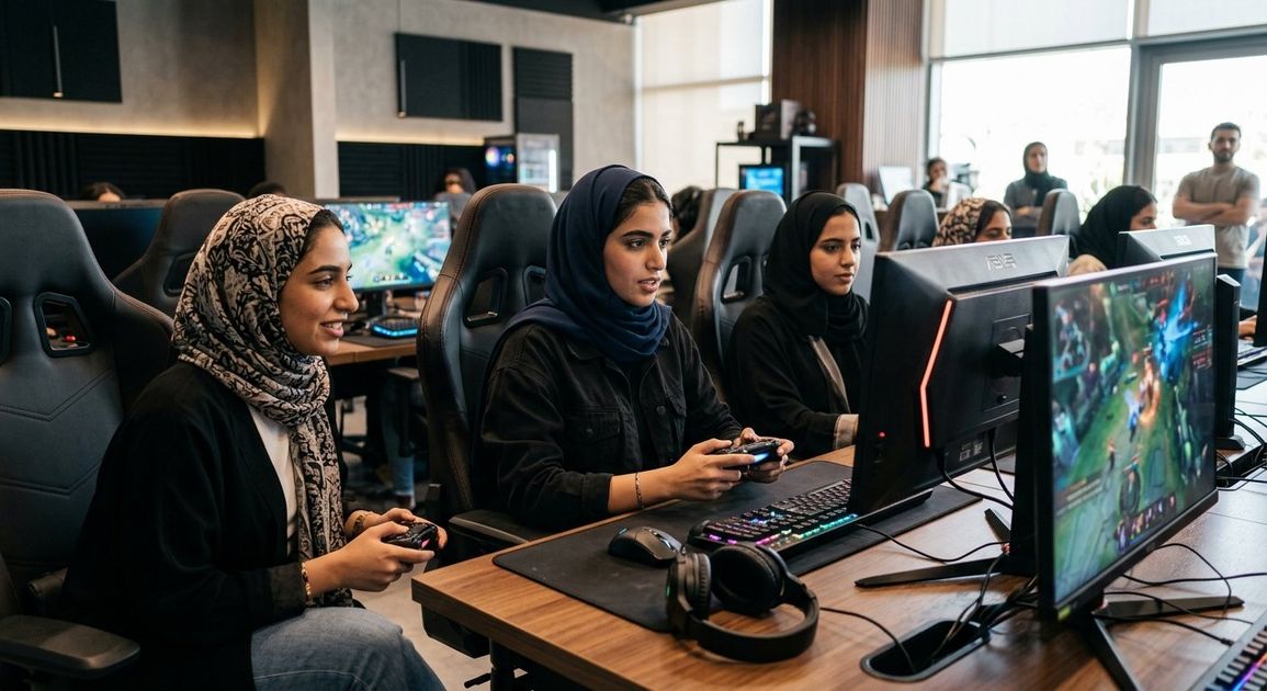 A high quality, photorealistic photograph for a business profile: Female Gamers UAE: Rise of Women