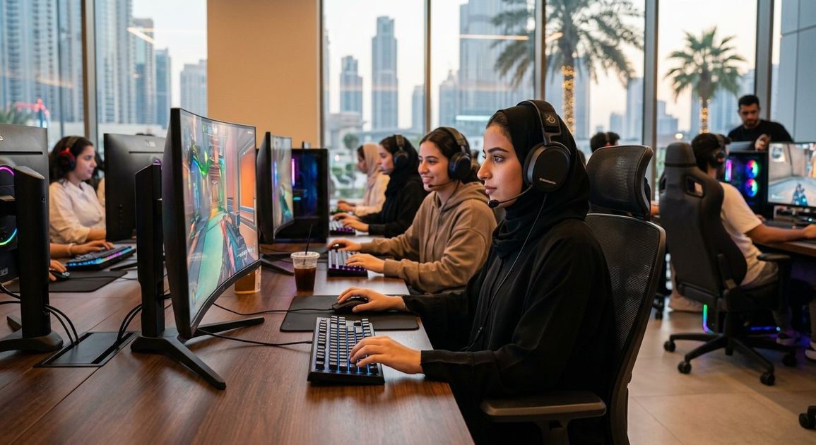 A high quality, photorealistic photograph for a business profile: Female Gamers UAE: Rise of Women