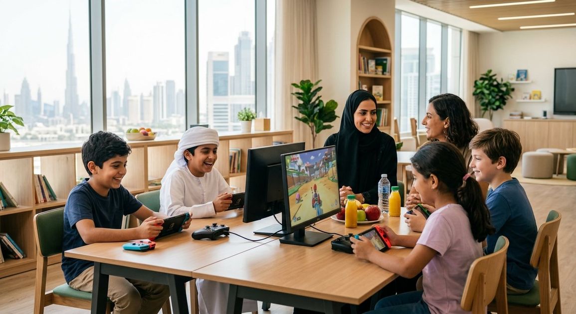 A high quality, photorealistic photograph for a business profile: Healthy Gaming Habits for Kids: Dubai