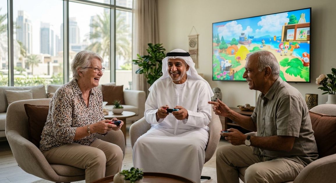 A high quality, photorealistic photograph for a business profile: Gaming for Seniors Dubai: 60+ Brain