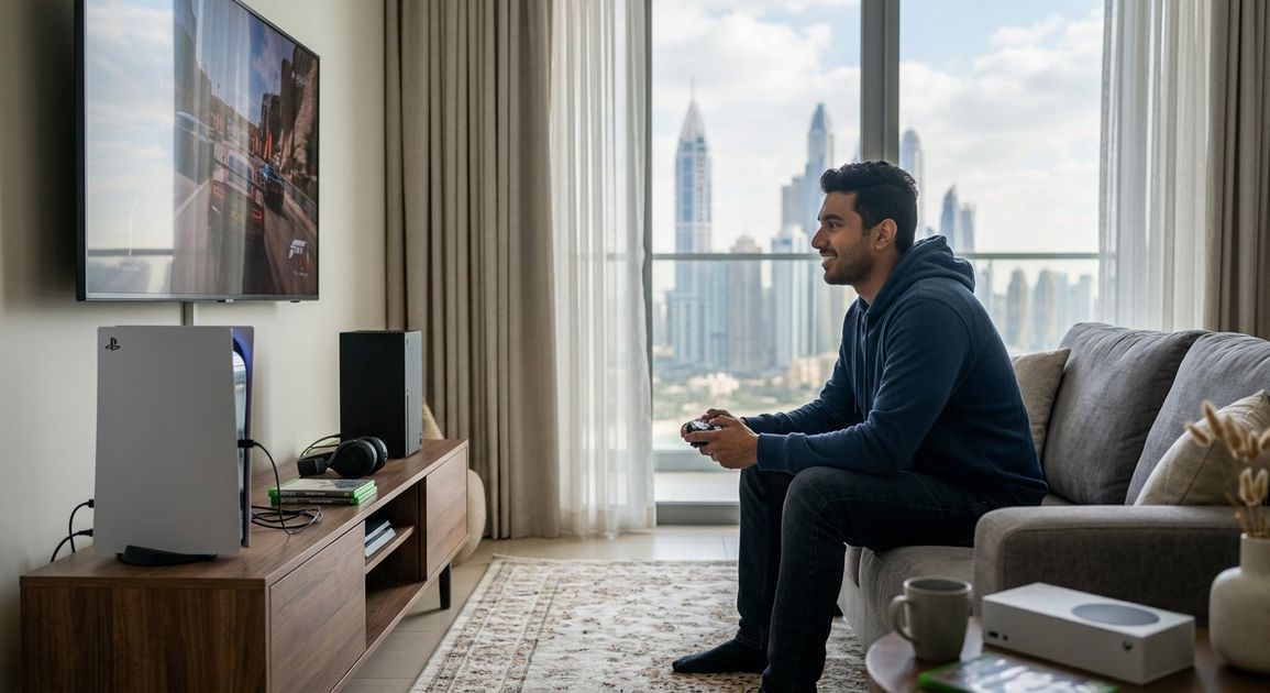 A high quality, photorealistic photograph for a business profile: PS5 & Xbox Rental Dubai 2026:
