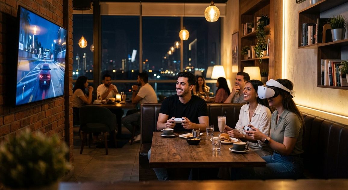 A high quality, photorealistic photograph for a business profile: Best Late Night Cafe Dubai: Play