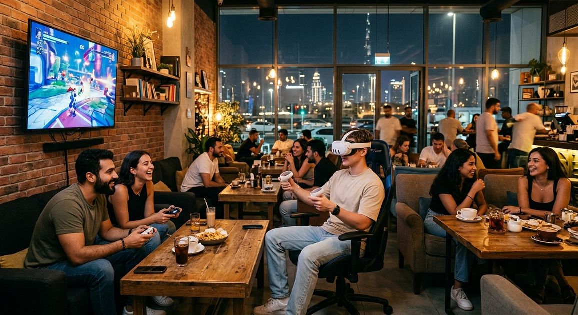 A high quality, photorealistic photograph for a business profile: Best Late Night Cafe Dubai: Play