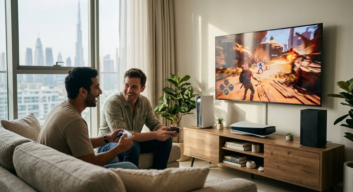 A high quality, photorealistic photograph for a business profile: PS5 & Xbox Rental Dubai 2026: