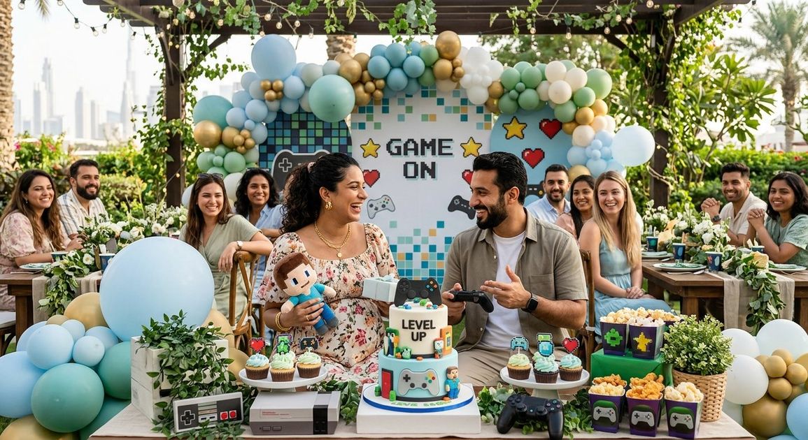 A high quality, photorealistic photograph for a business profile: Gaming Baby Shower Ideas Dubai Parents