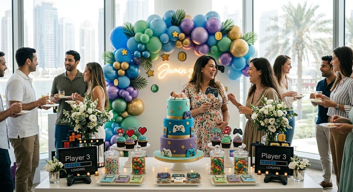 A high quality, photorealistic photograph for a business profile: Gaming Baby Shower Ideas Dubai Parents