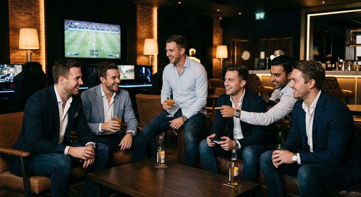 A high quality, photorealistic photograph for a business profile: Bachelor Party Dubai: Gaming Lounges vs