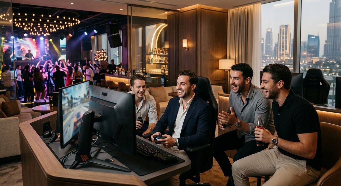 A high quality, photorealistic photograph for a business profile: Bachelor Party Dubai: Gaming Lounges vs