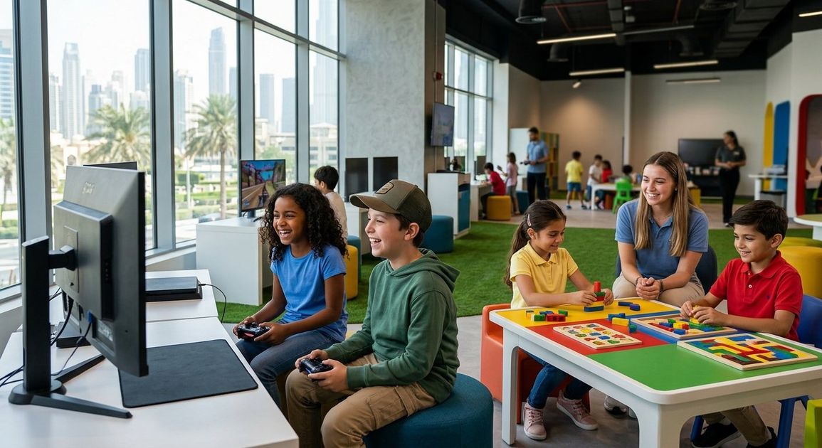 A high quality, photorealistic photograph for a business profile: School Holiday Activities Dubai: Indoor Gaming