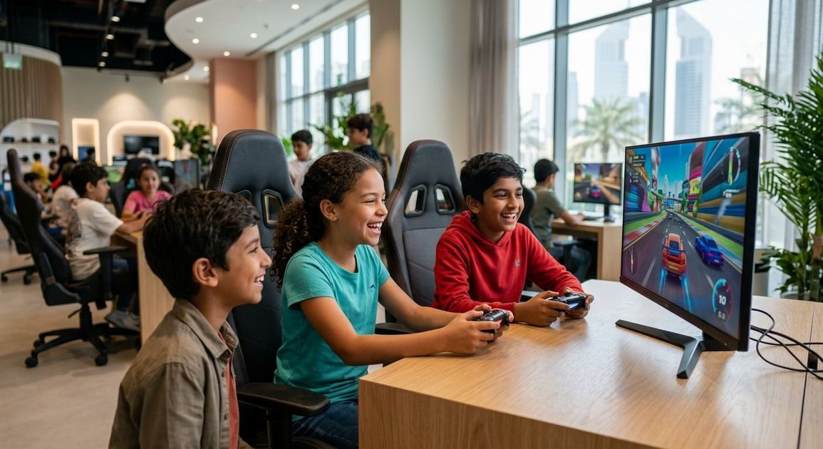 School Holiday Activities Dubai: Indoor Gaming Camp & Day Plans 1 Discover the best school holiday activities in Dubai! Keep kids engaged with our fun indoor gaming camp and day plans for all ages. A high quality, photorealistic photograph for a business profile: School Holiday Activities Dubai: Indoor Gaming