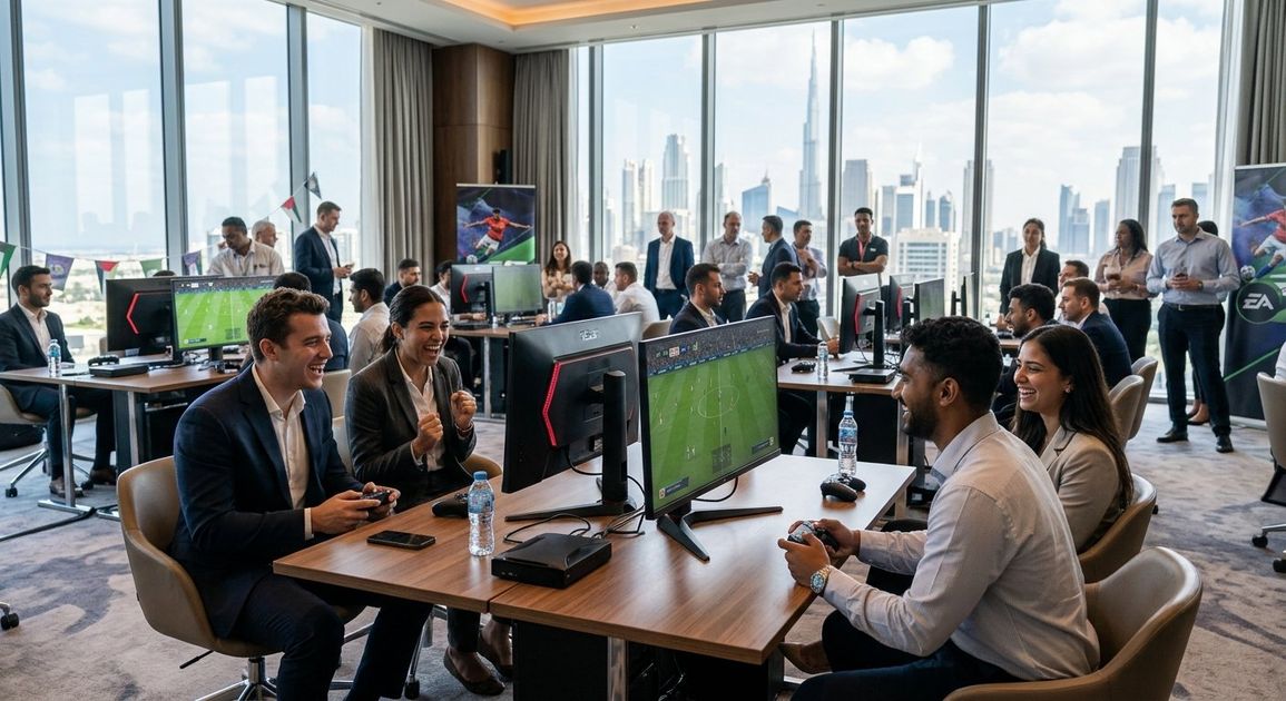 A high quality, photorealistic photograph for a business profile: Host The Ultimate EA FC Tournament