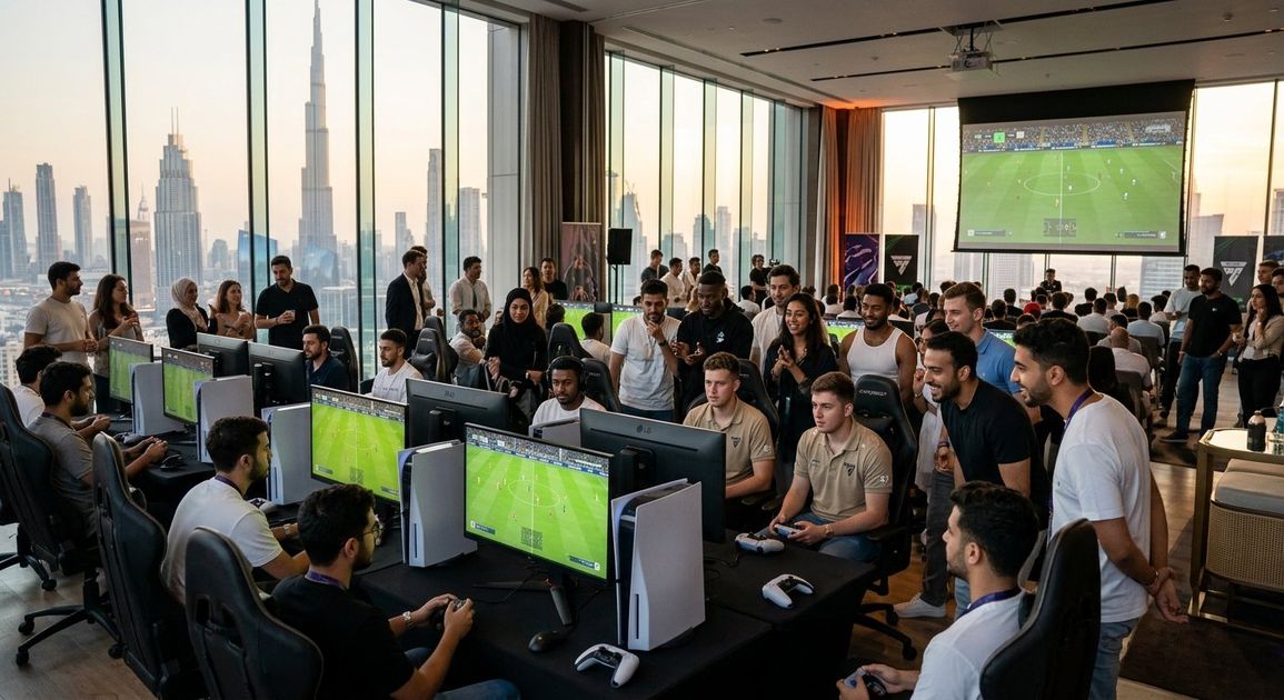 A high quality, photorealistic photograph for a business profile: Host The Ultimate EA FC Tournament